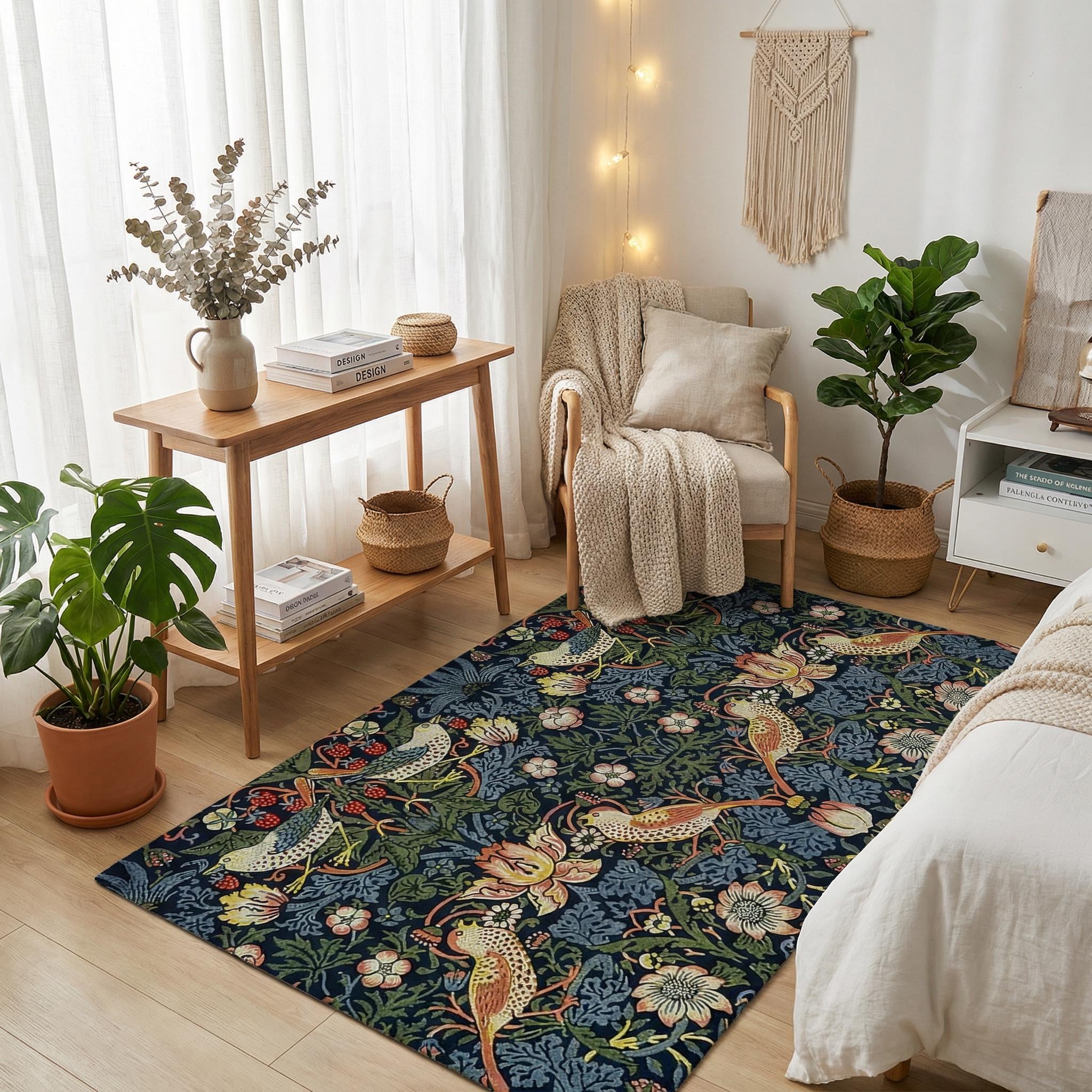 Dark navy William Morris floral area rug in a bedroom decorated with string lights and a woven wall hanging