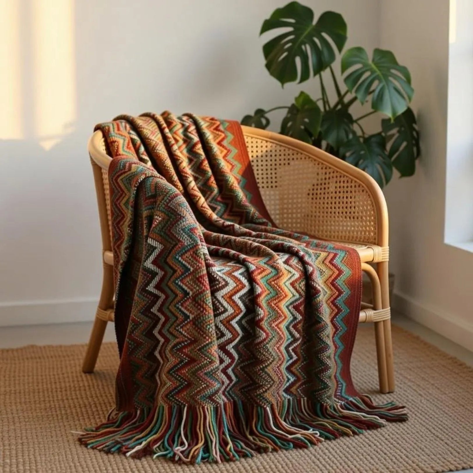 Striped boho blanket on white chair with monstera plant, bohemian tapestry style