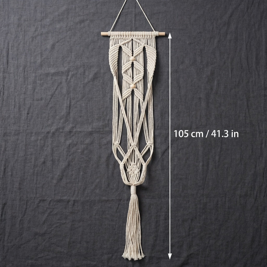 Macrame plant hanger flat lay size chart 105 cm 41 inches beige cotton rope wooden dowel measurement