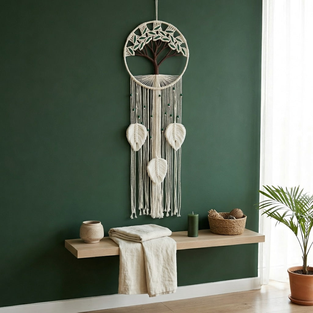 Large macrame tree of life wall hanging on dark green wall, cream cotton rope with white leaf tassels, boho living room