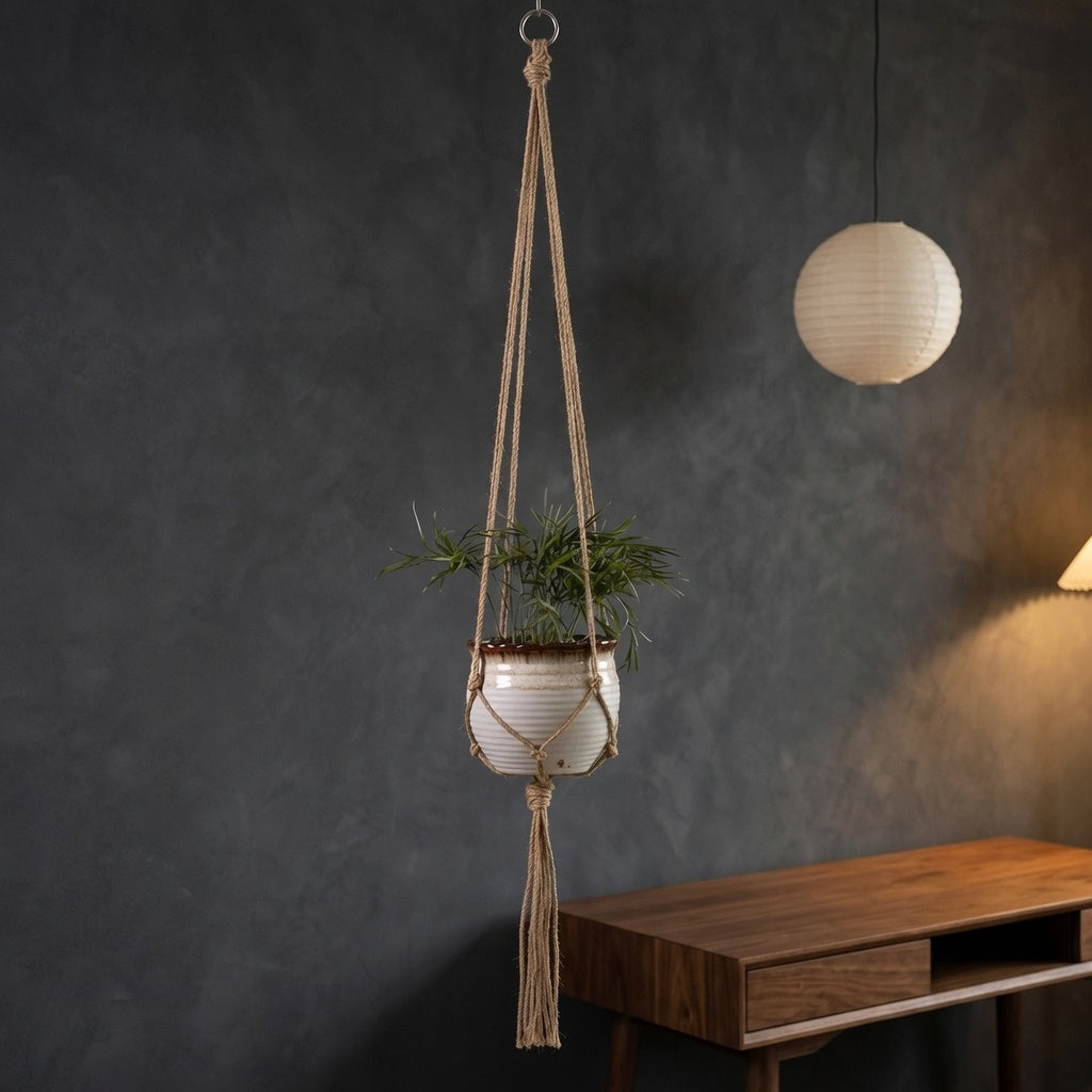 Jute plant hanger with green plant in a japandi home office corner