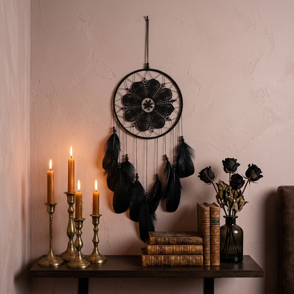 Black dream catcher with feathers and candles in dark academia bedroom — gothic boho wall art