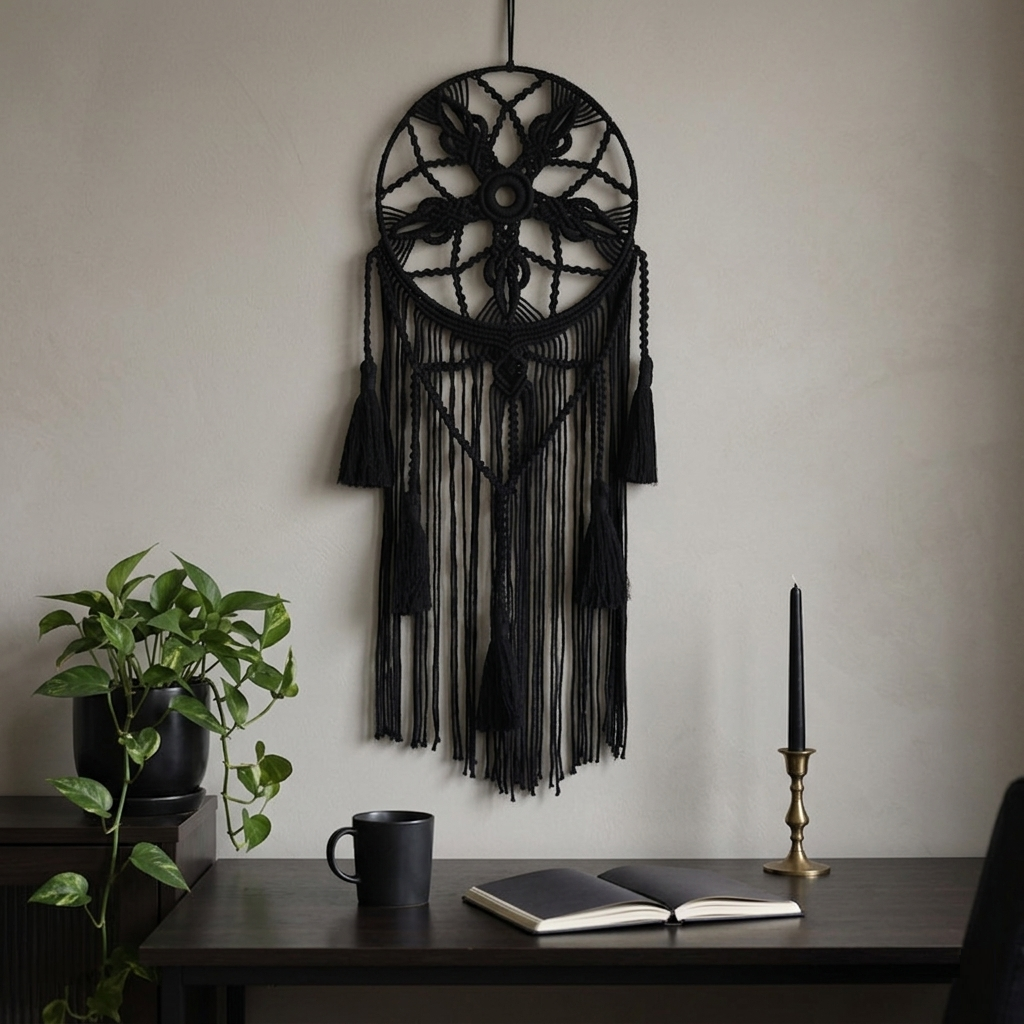 Black round macrame dreamcatcher with floral knotwork on light grey wall above dark desk gothic home office — Bohoartis