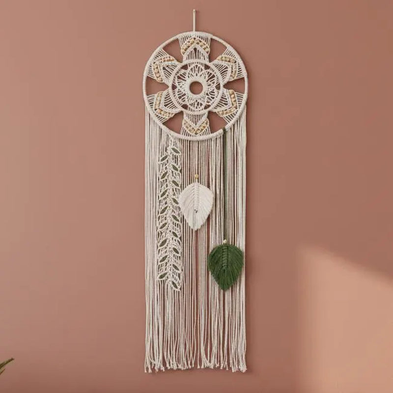 Macrame Wall Hanging Dream Catcher | Mandala Boho Wall Decor Wood Beads Green Leaf Fringe