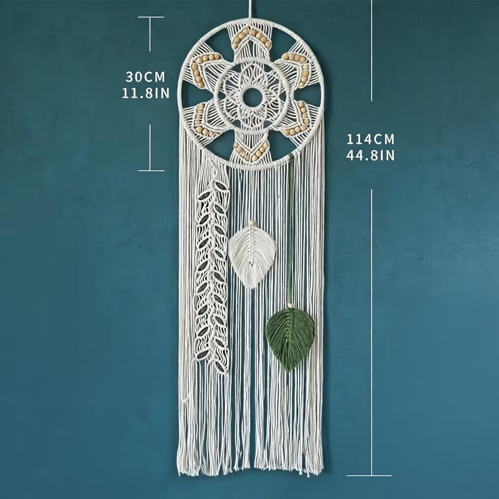 Macrame Wall Hanging Dream Catcher | Mandala Boho Wall Decor Wood Beads Green Leaf Fringe