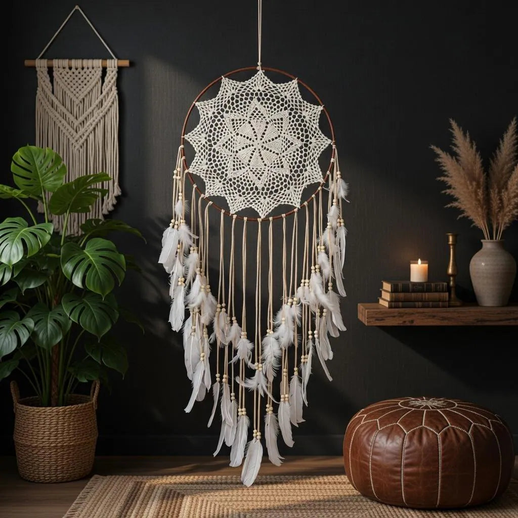 Large Boho Dreamcatcher with Feathers | Crochet Lace Hanging | Bohemian Bedroom Gift for Her