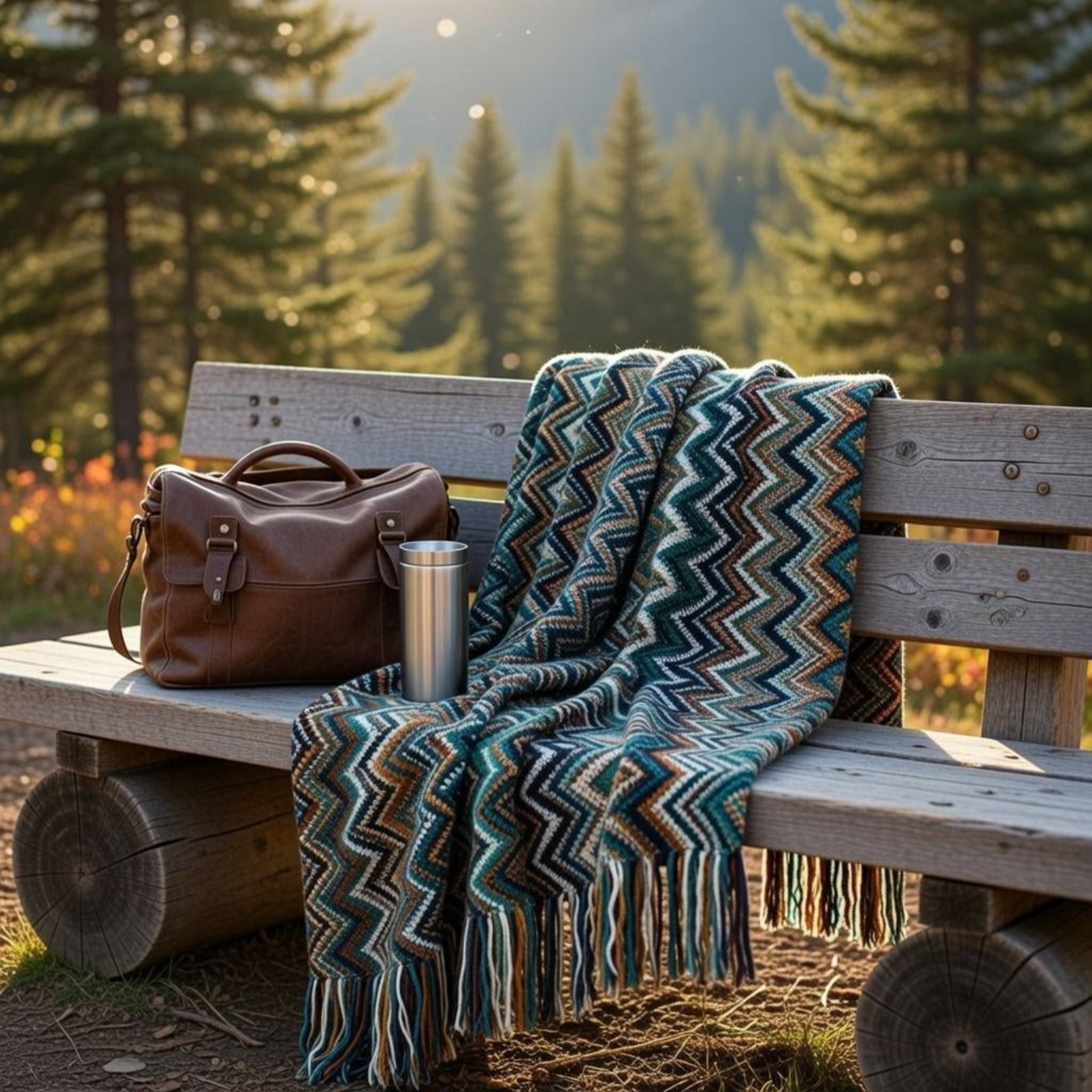 Blue tribal print decor throw on outdoor chair, evening string lights