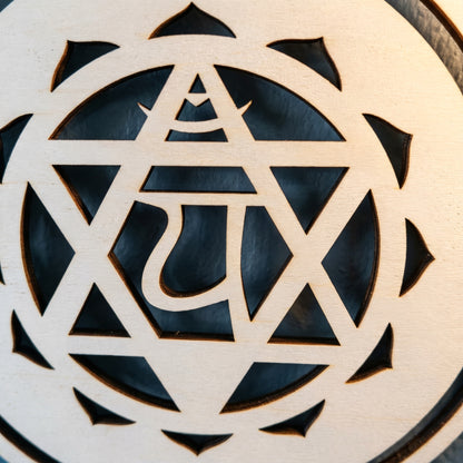 Chakra art laser cut wooden medallion sacred geometry wall hanging detail