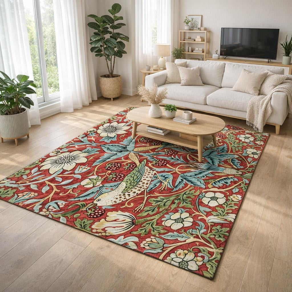 Red and teal William Morris area rug styled in front of a cream sofa and wooden coffee table