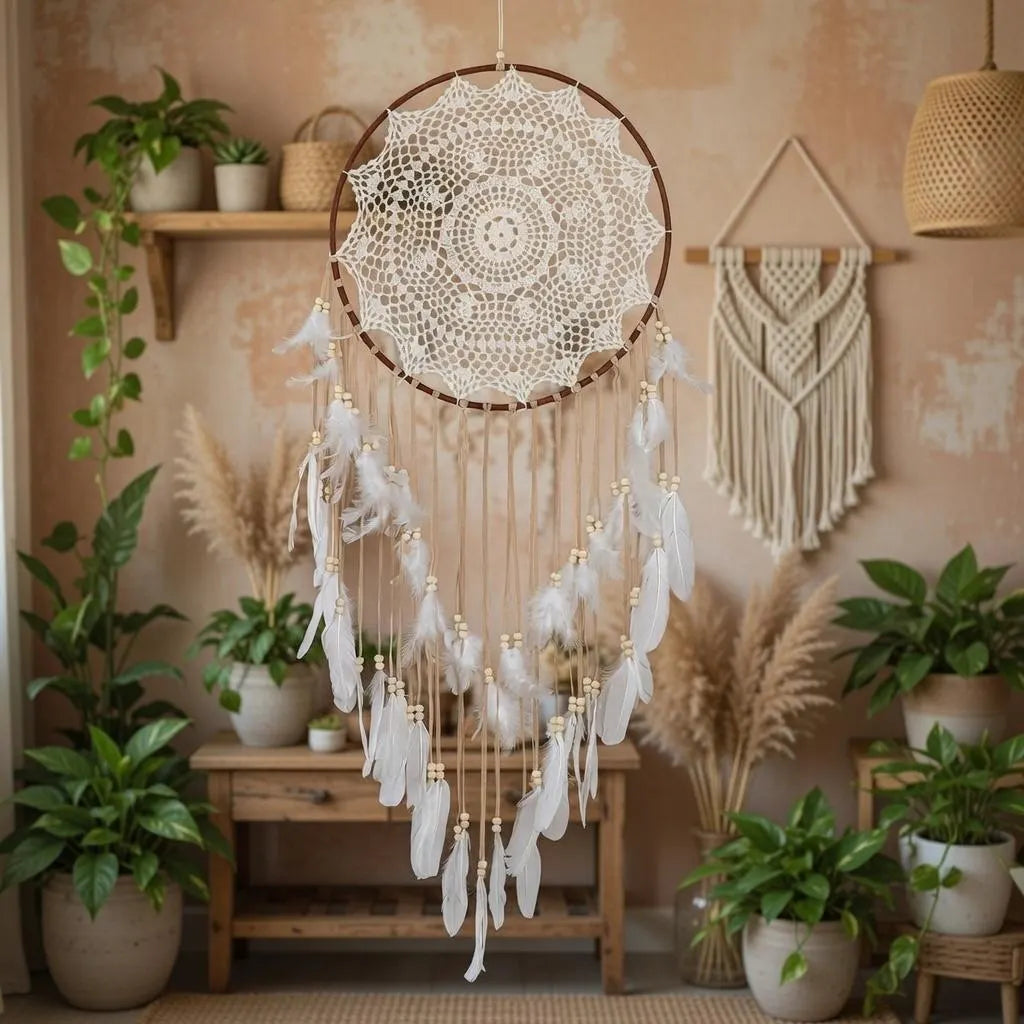 Large Boho Dreamcatcher with Feathers | Crochet Lace Hanging | Bohemian Bedroom Gift for Her