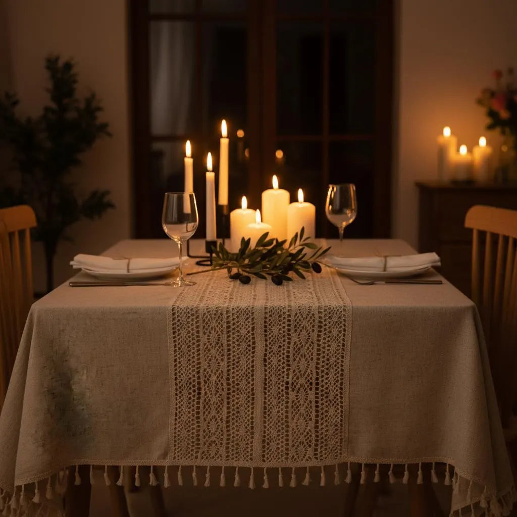 Crochet Tassel Tablecloth | Boho Farmhouse Lace Rectangle Table Cloth for Dining, Wedding & Christmas Decor