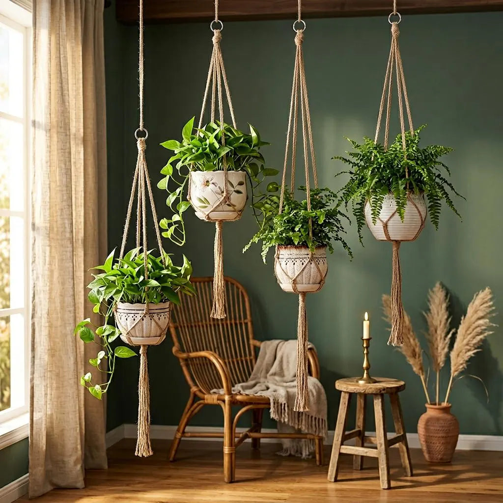 Macrame Plant Hanger Jute Rope | Boho Hanging Planter Indoor | Rustic Farmhouse Home Decor Gift
