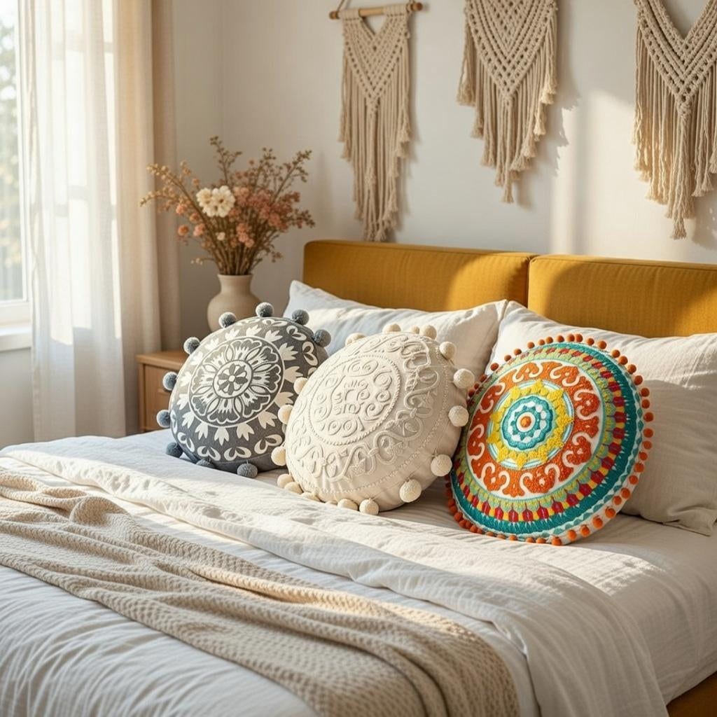 Mandala round Pillow Cover 18" Embroidered Cotton Cushion Boho Ethnic Home Decor