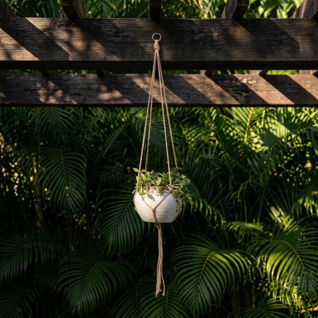 Jute plant hanger with green plant hanging under a wooden patio pergola