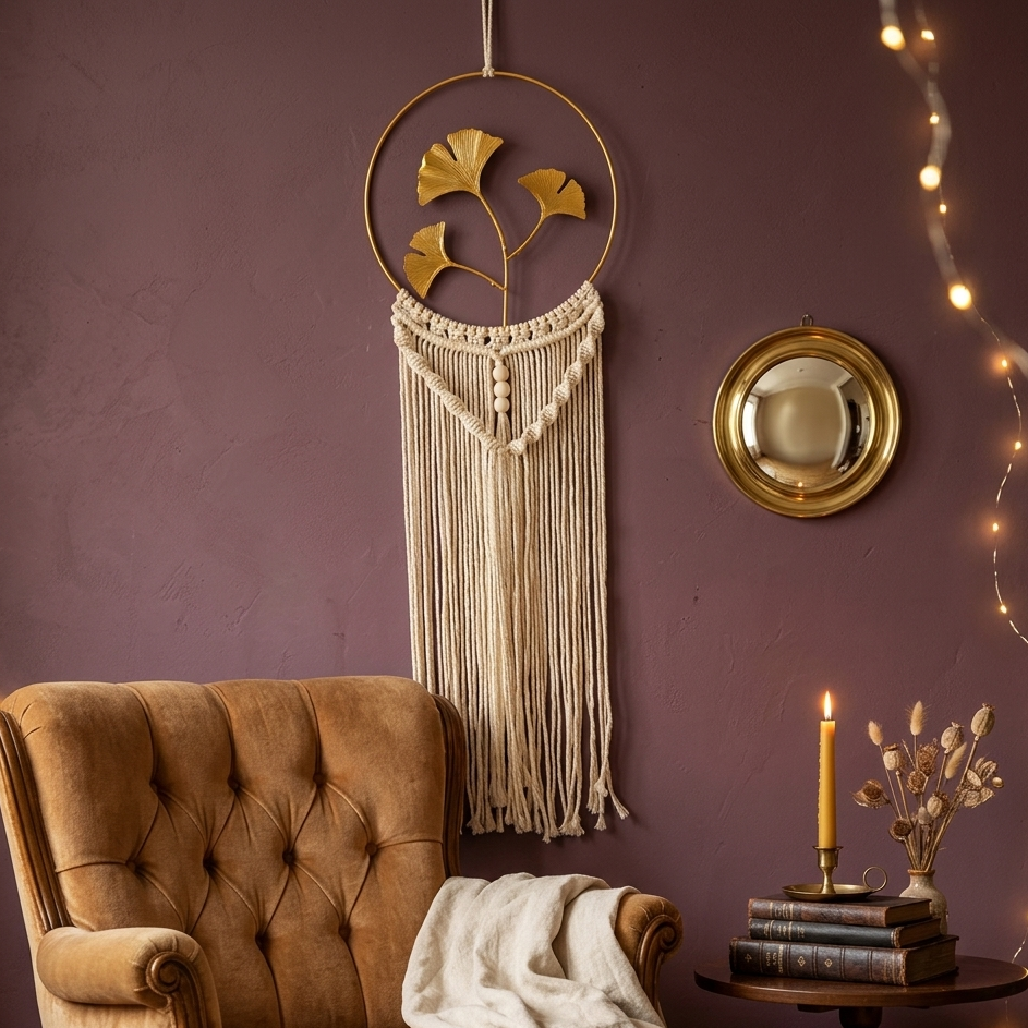 Ginkgo hoop macrame wall hanging on dusty plum wall above camel velvet armchair in boho reading nook — Bohoartis