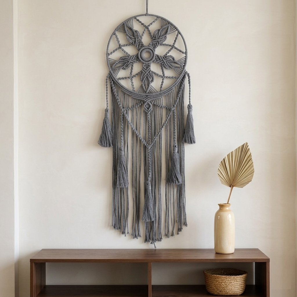 Grey round macrame dreamcatcher on warm white wall above walnut console table in Japandi living room — Bohoartis