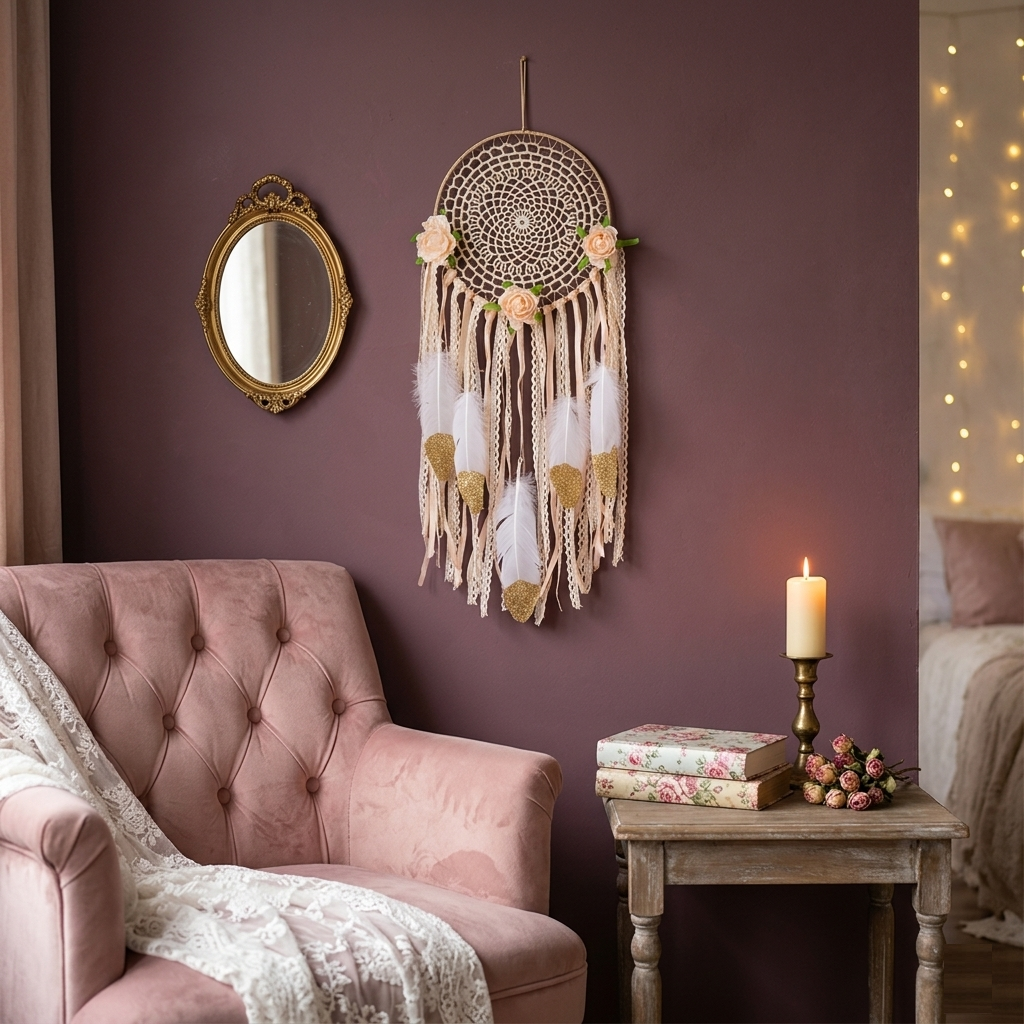 Bohemian rose dreamcatcher with cream feathers on dusty plum wall in cottagecore reading nook with candles