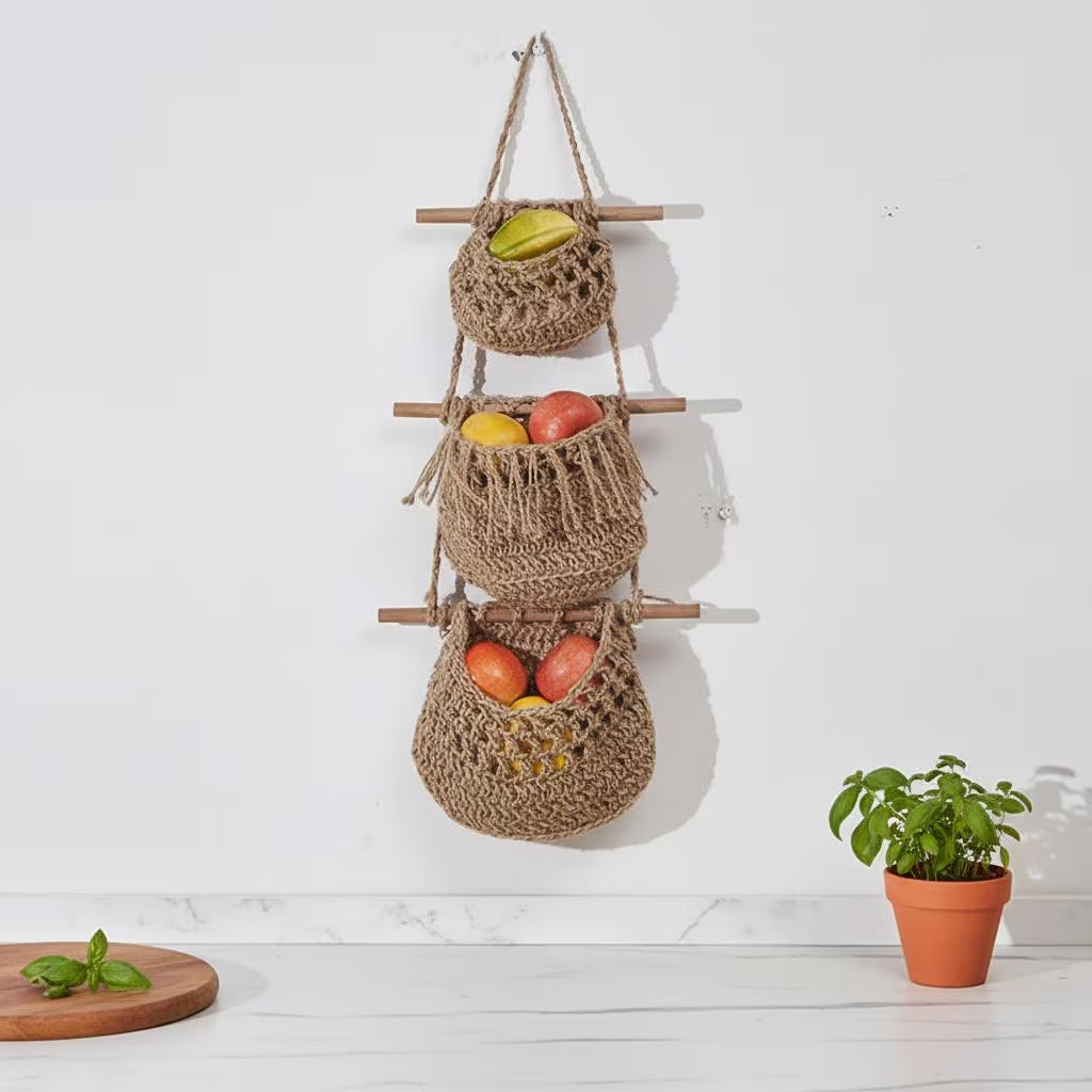 Front view of three layer macrame wall basket in white cotton rope, minimalist kitchen storage