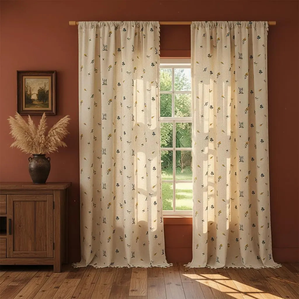 Boho Embroidered Linen Curtain Daisy Floral Farmhouse Rod Pocket Window Drape