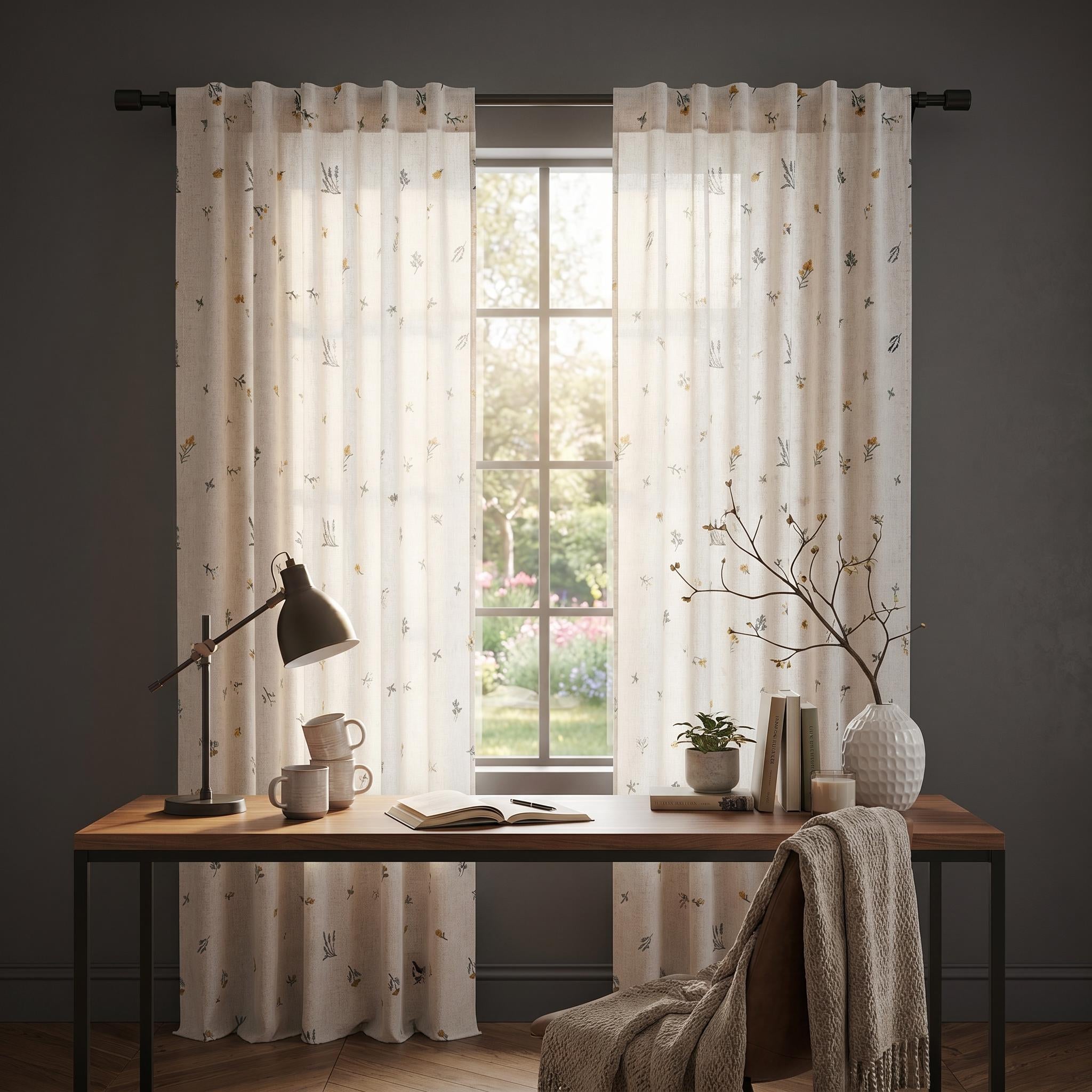 Boho Embroidered Linen Curtain Daisy Floral Farmhouse Rod Pocket Window Drape