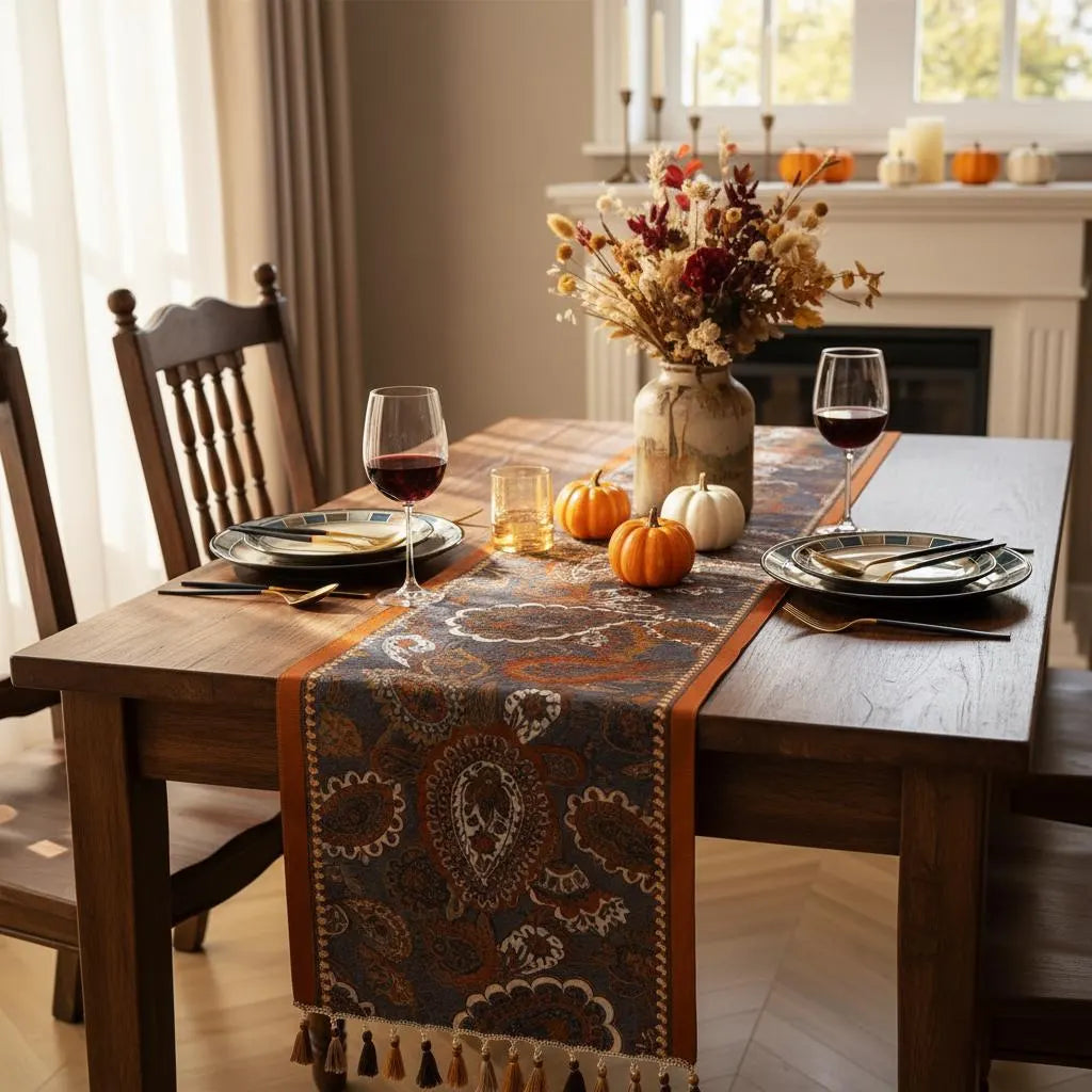 Boho Paisley Table Runner with Tassels | Farmhouse Vintage Fringe Runner | Wedding Holiday Decor