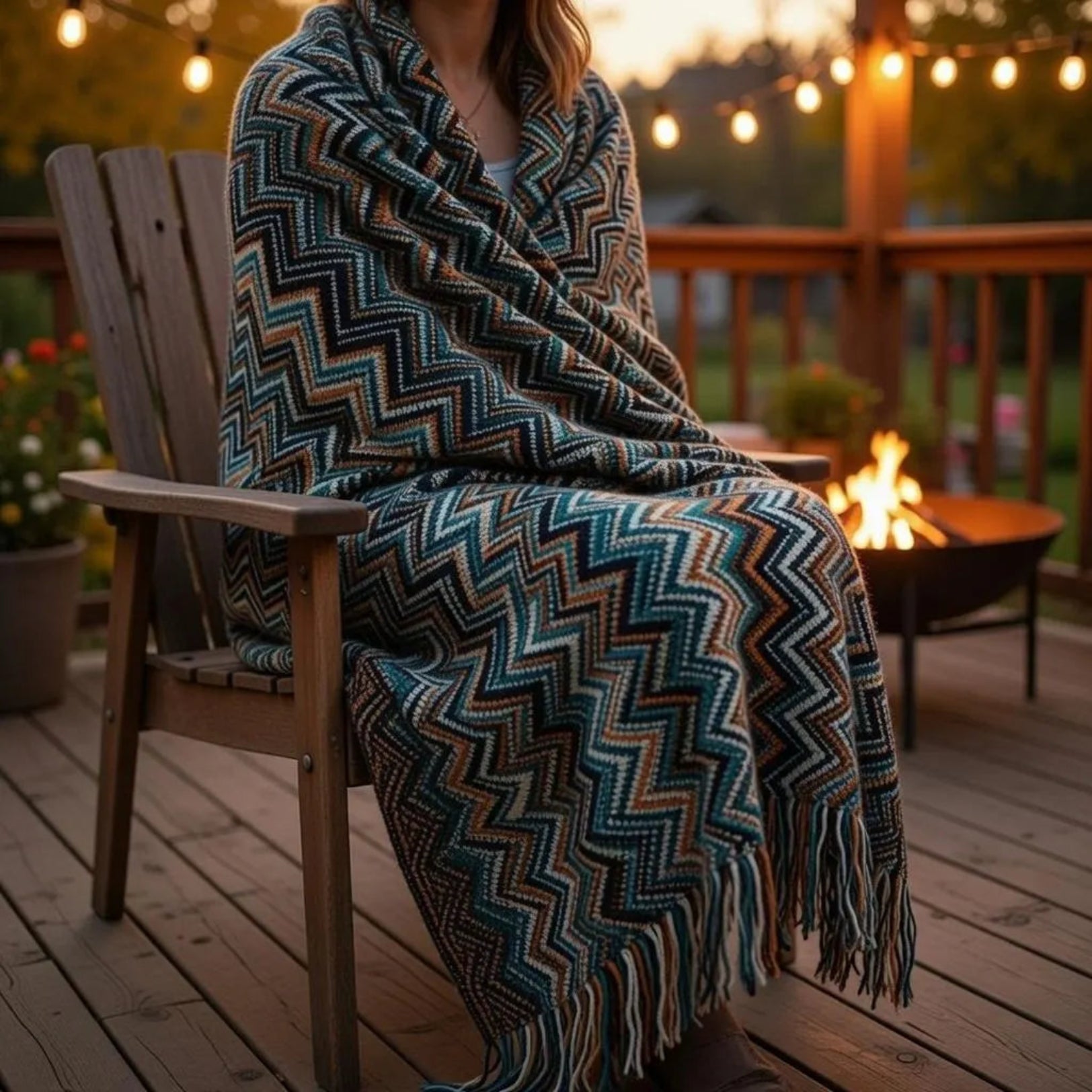 Dark chevron fringe throw on wooden bench, forest campsite evening