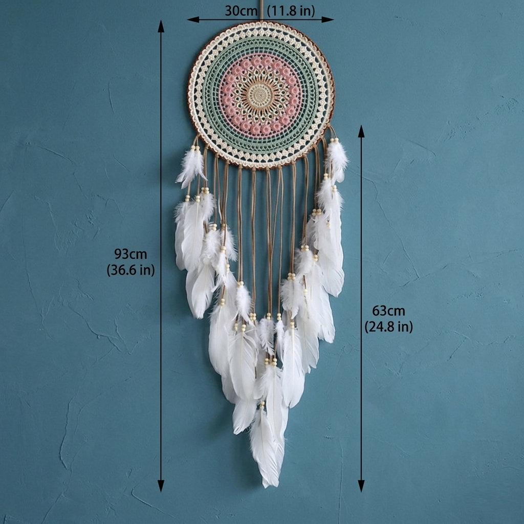 Large round mandala dreamcatcher size guide — 30 cm hoop, 63 cm feathers, 93 cm total hanging length