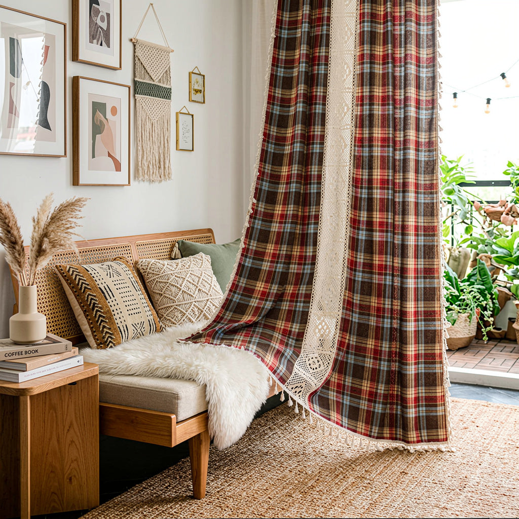 Brown tartan plaid crochet lace curtain in a bohemian living room with rattan furniture and gallery wall