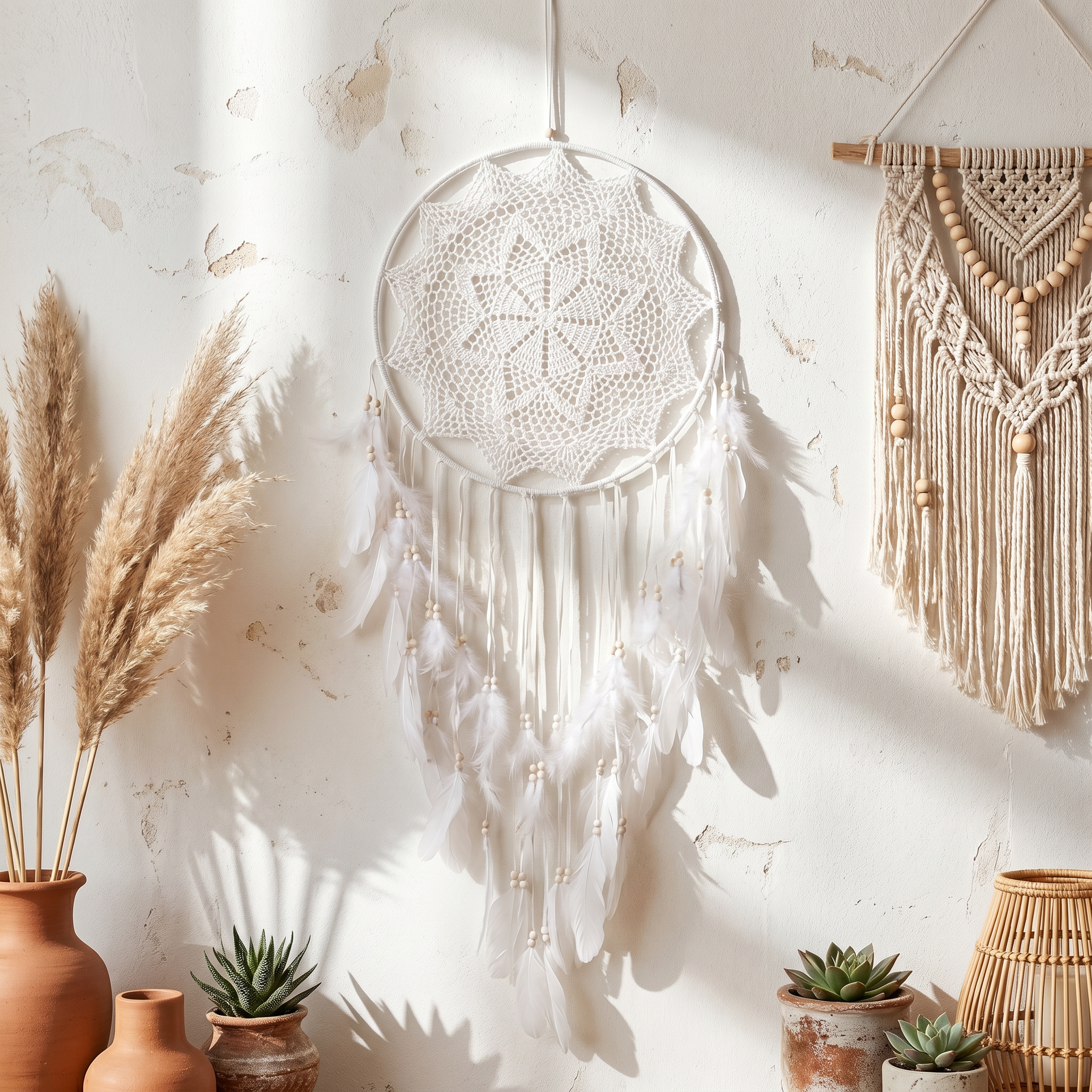 White dreamcatcher hanging on a white wall with decorative elements like pampas grass and plants.