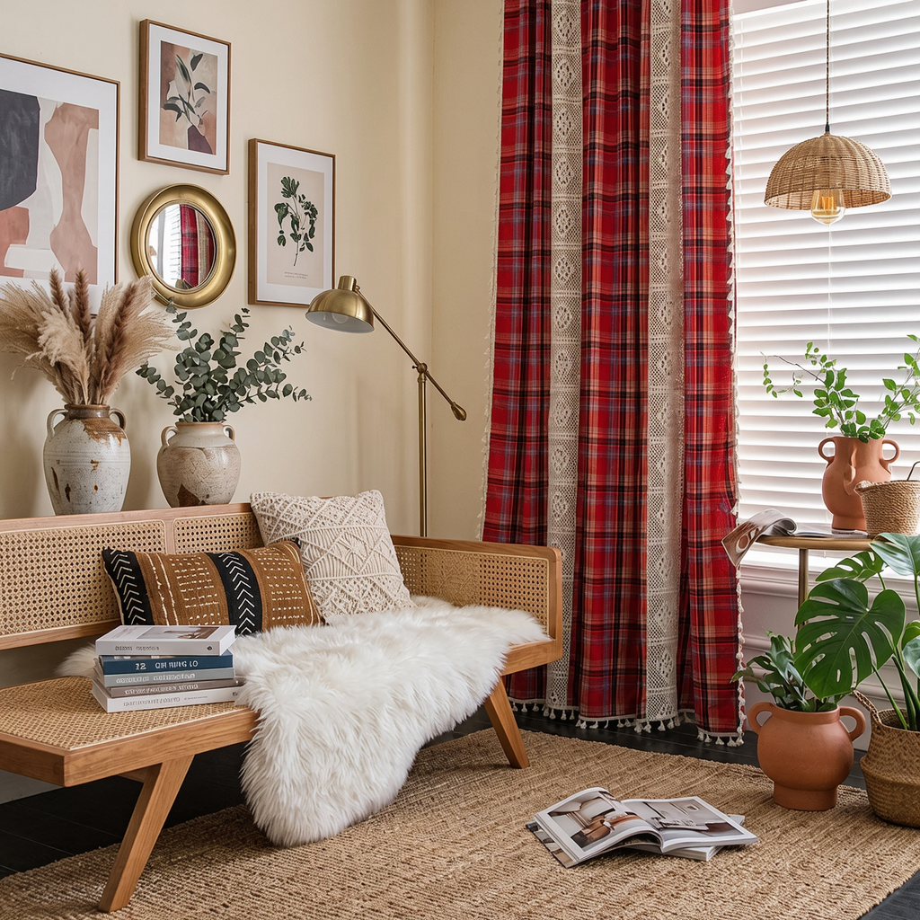 Red buffalo plaid crochet lace curtain in a bohemian eclectic living room with rattan bench, monstera plant and woven pendant