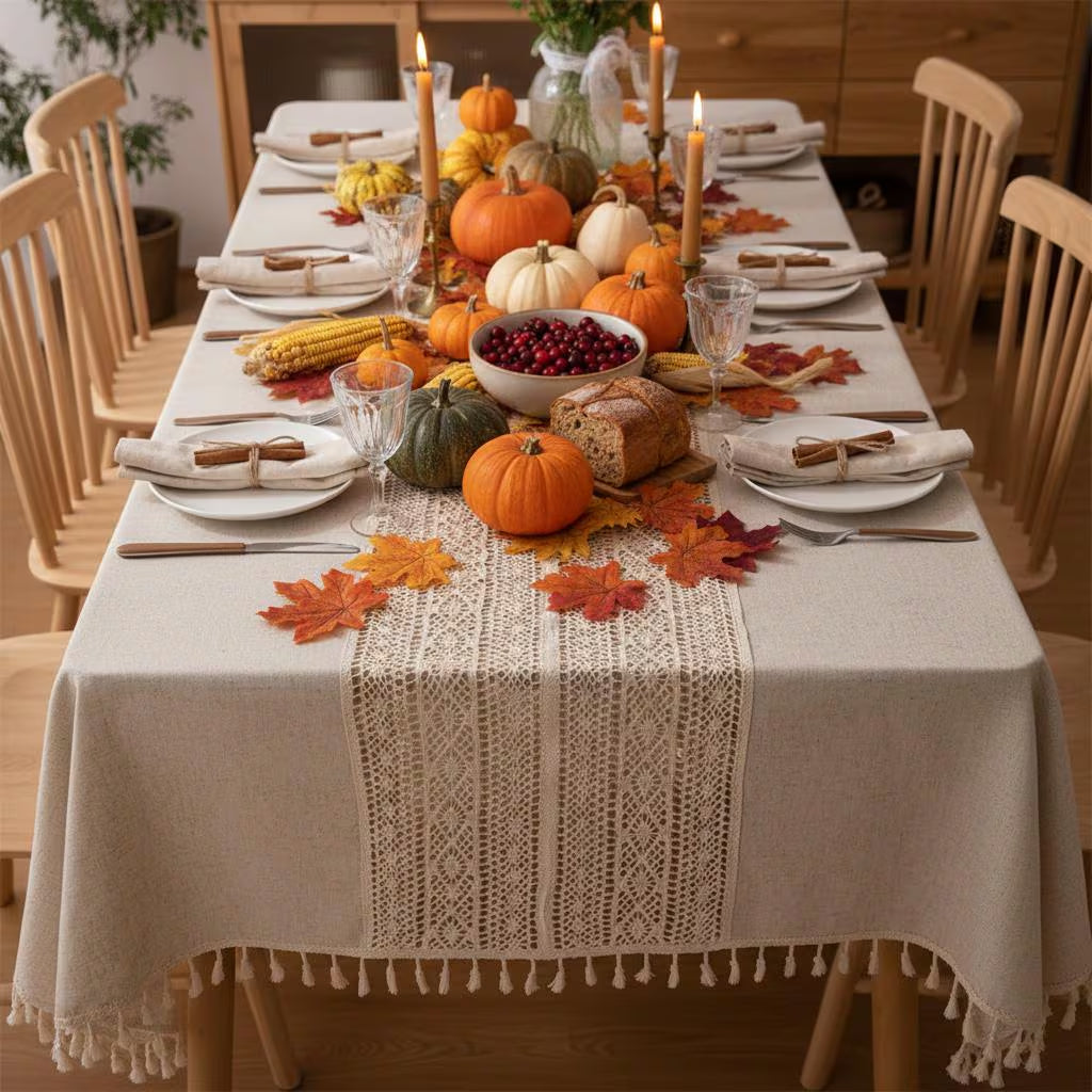 Crochet Tassel Tablecloth | Boho Farmhouse Lace Rectangle Table Cloth for Dining, Wedding & Christmas Decor