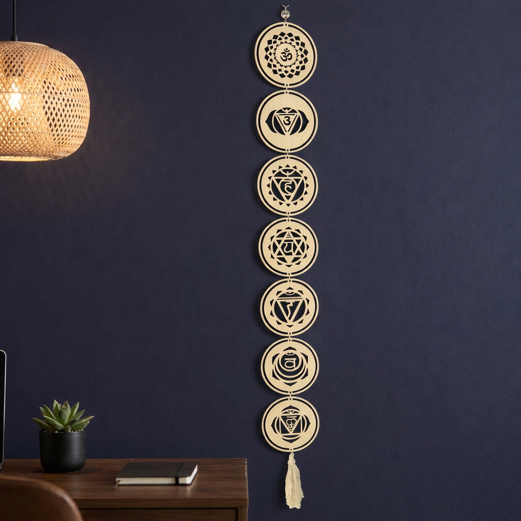 7 chakra wall hanging wooden boho meditation decor dark blue wall