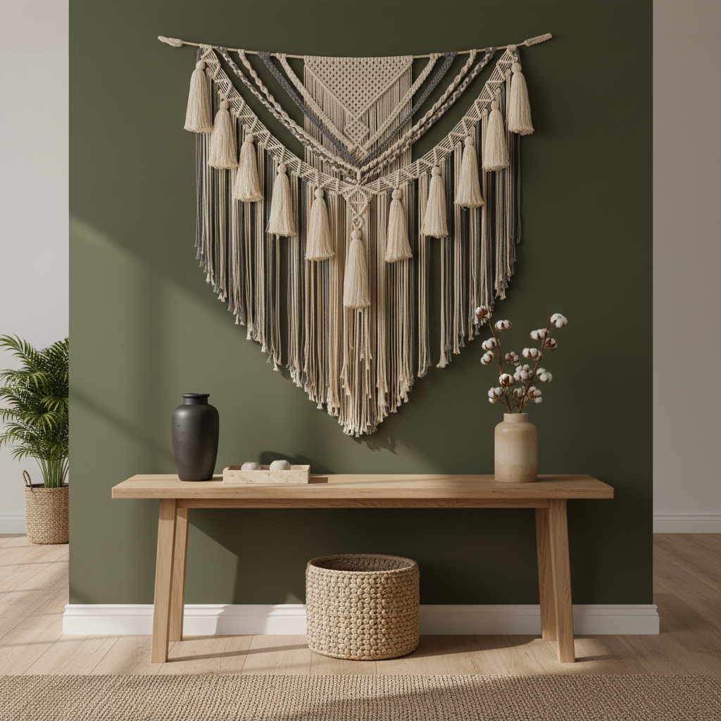 Large macrame wall hanging on olive green wall above console — Scandinavian farmhouse boho home decor, cotton wall art