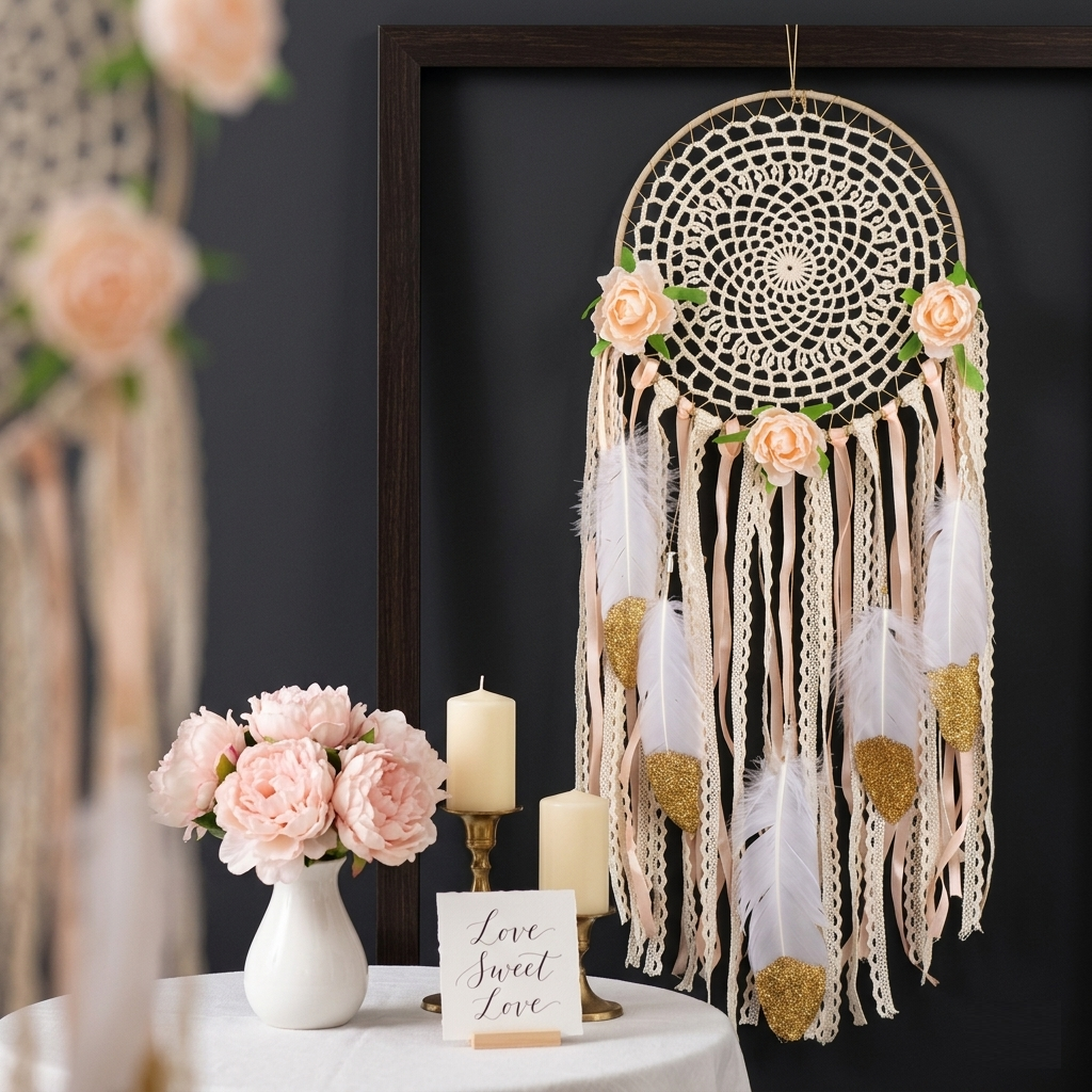 Boho lace dreamcatcher with peach roses gold hearts hanging at bridal shower table with peonies and candles