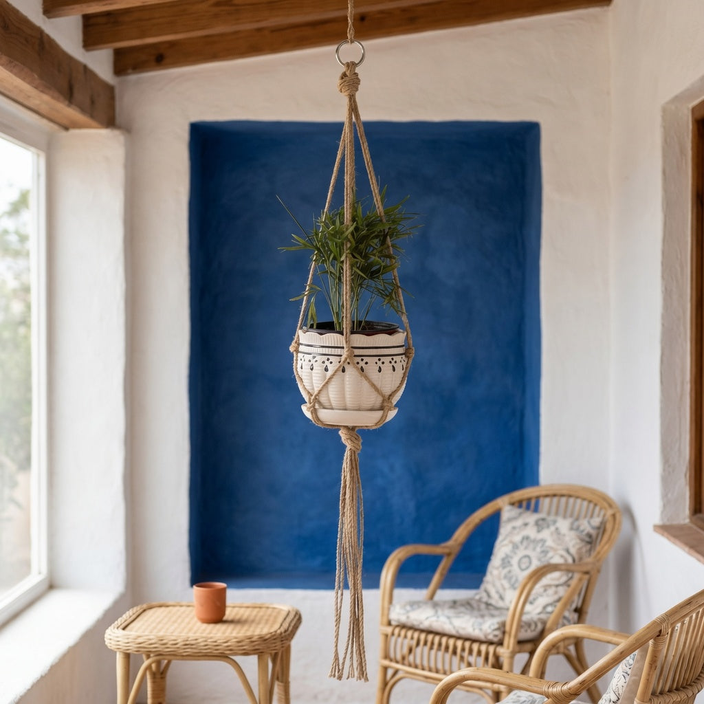 Jute plant hanger with green plant against a blue accent wall in a boho sunroom