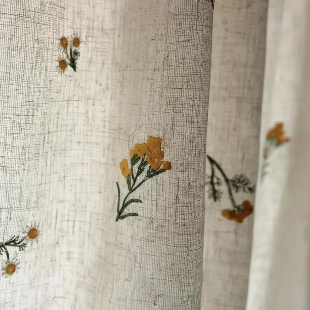 Boho Embroidered Linen Curtain Daisy Floral Farmhouse Rod Pocket Window Drape