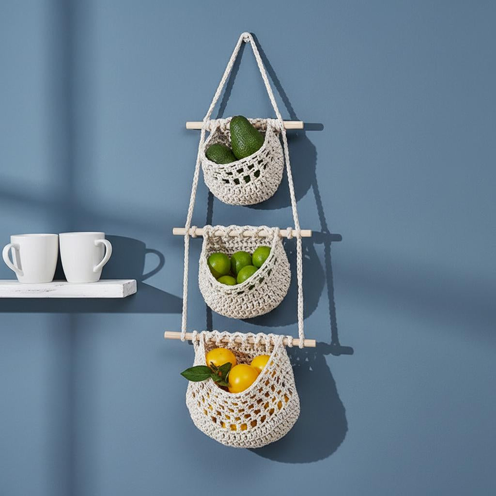 Macrame fruit basket wall hanging with three tiers, mounted on blue wall with fresh produce