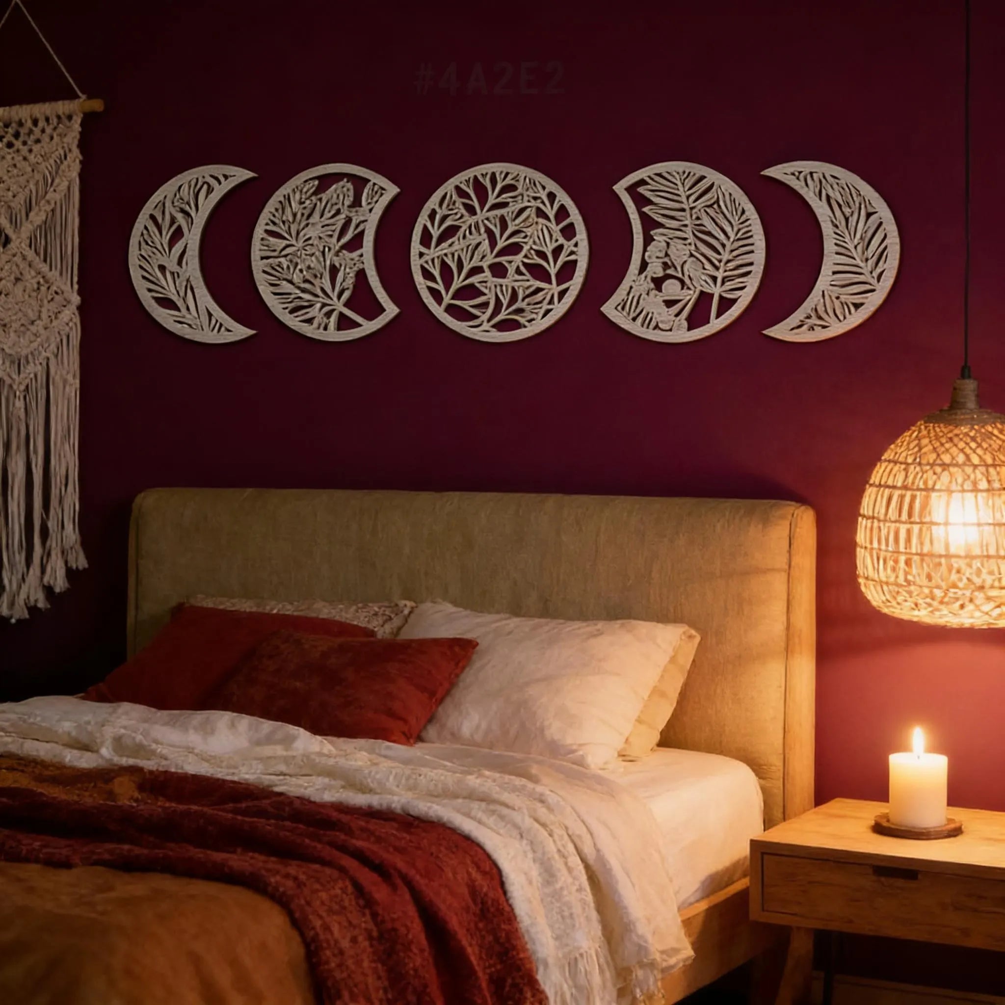 Moon Phase Wall Art Set of 5 Wooden Boho Celestial Home Ornament Crescent Decor