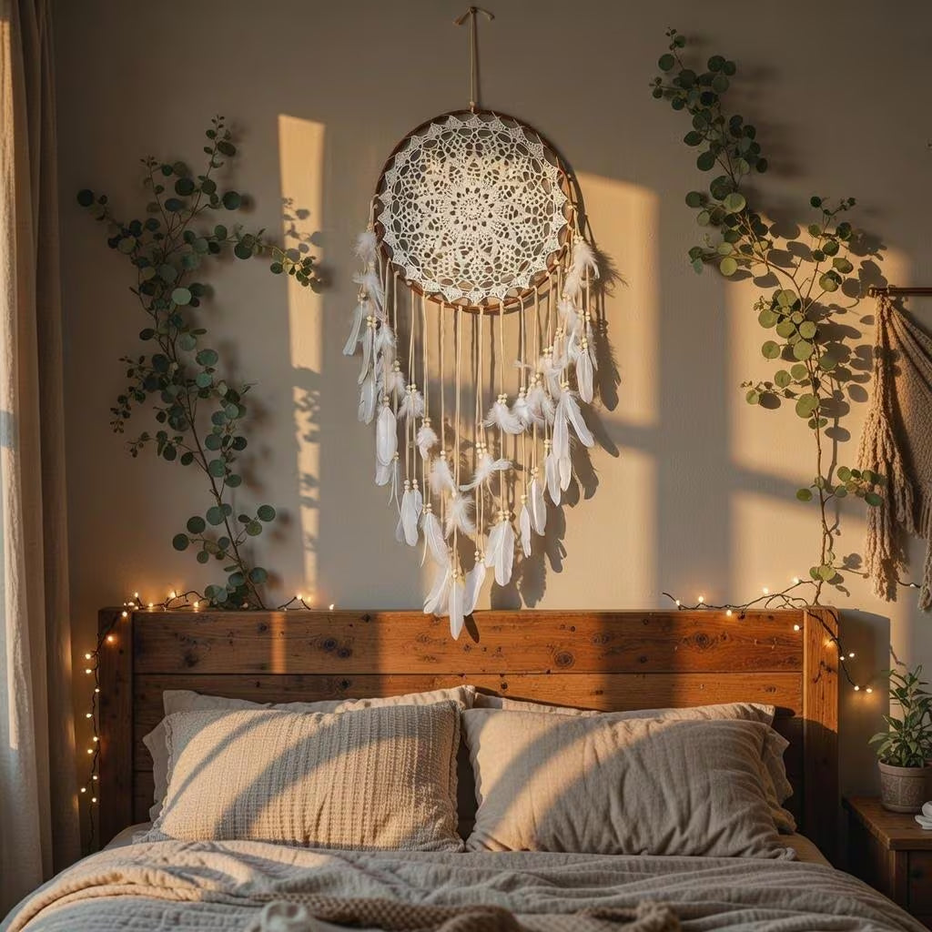 Large Boho Dreamcatcher with Feathers | Crochet Lace Hanging | Bohemian Bedroom Gift for Her