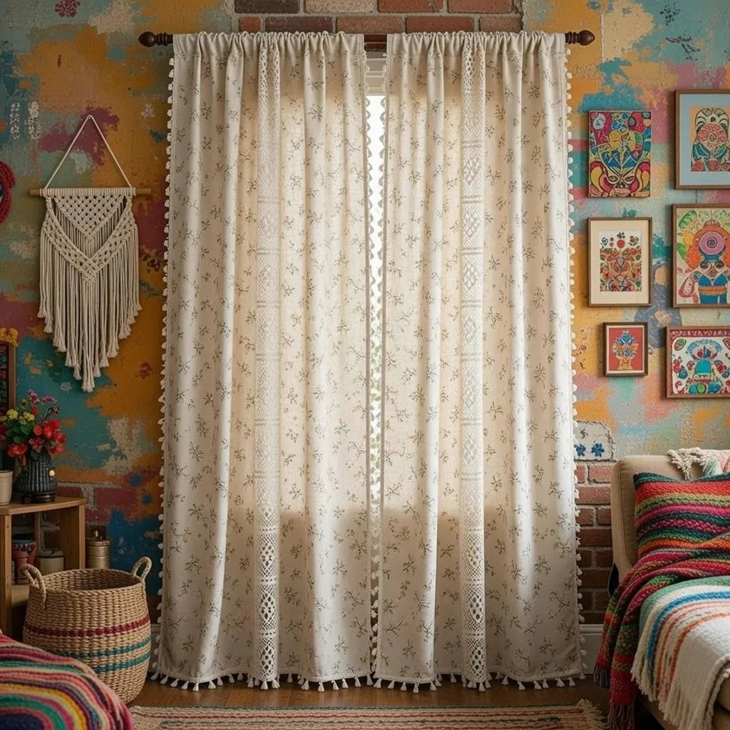 Crochet Lace Curtains Handmade Boho Tassel Trim Semi Blackout Window Treatment Farmhouse