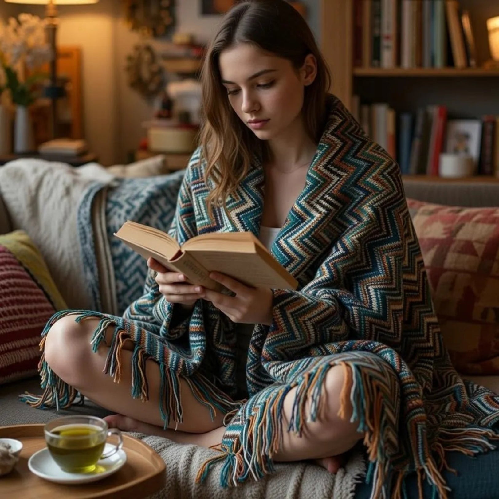 Woman sitting wrapped in bohemian tapestry throw, reading with tea