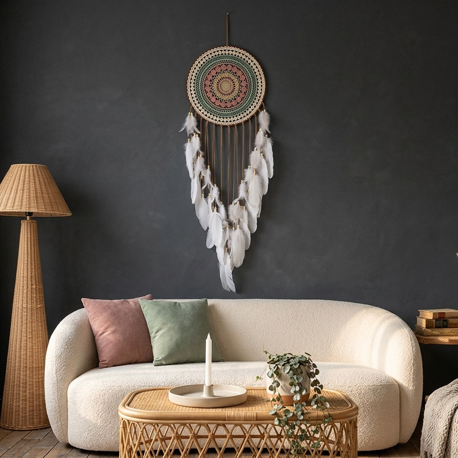 Large mandala dreamcatcher above cream sofa on charcoal wall — boho living room wall decor with feathers