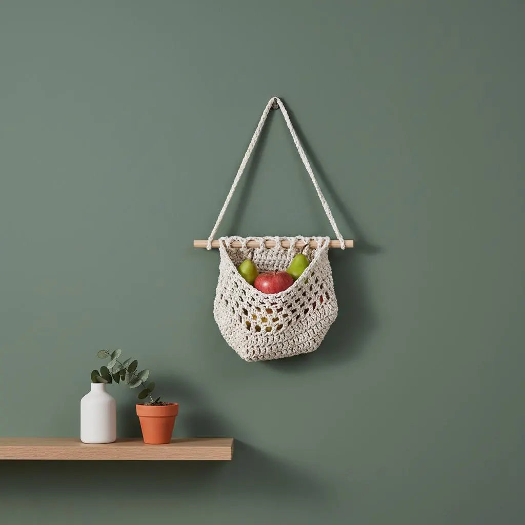 Boho kitchen decor wall basket on sage green wall with wooden shelf and small potted plant