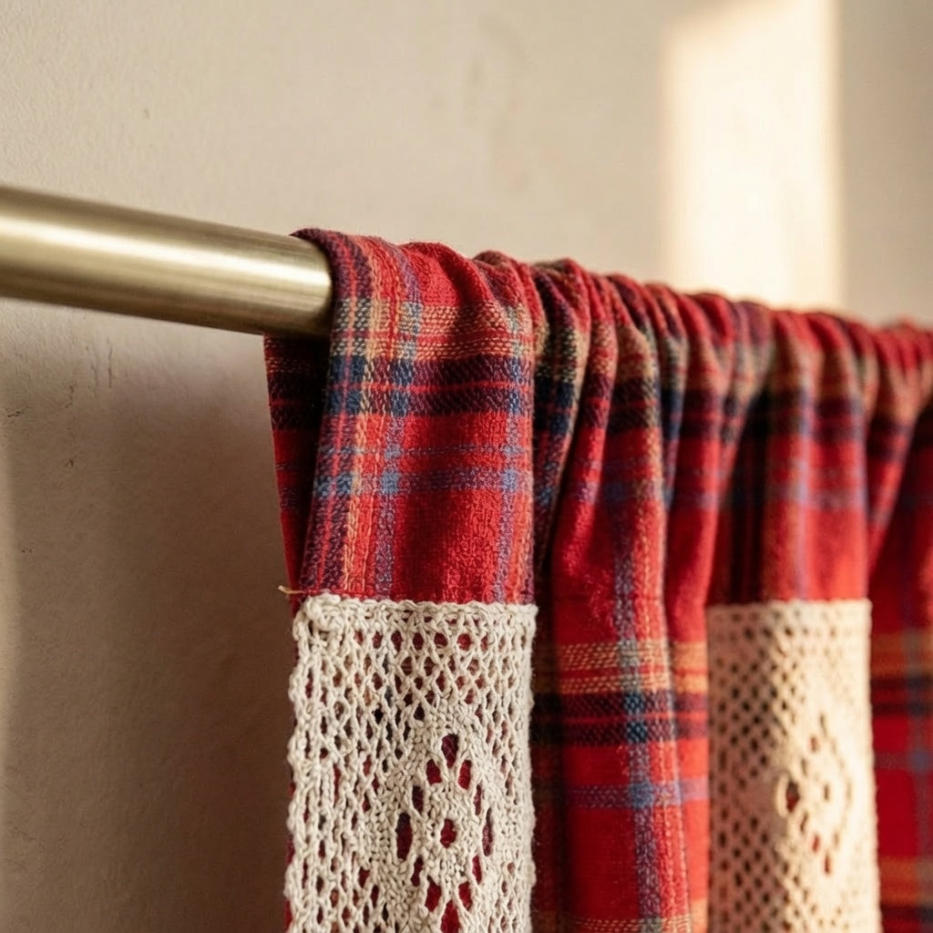 Close-up of red buffalo plaid curtain rod pocket header gathered on a brushed brass curtain rod, easy installation detail