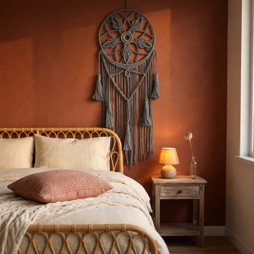 Gray macrame dreamcatcher with V-shaped tassel section on warm terracotta wall boho interior — Bohoartis