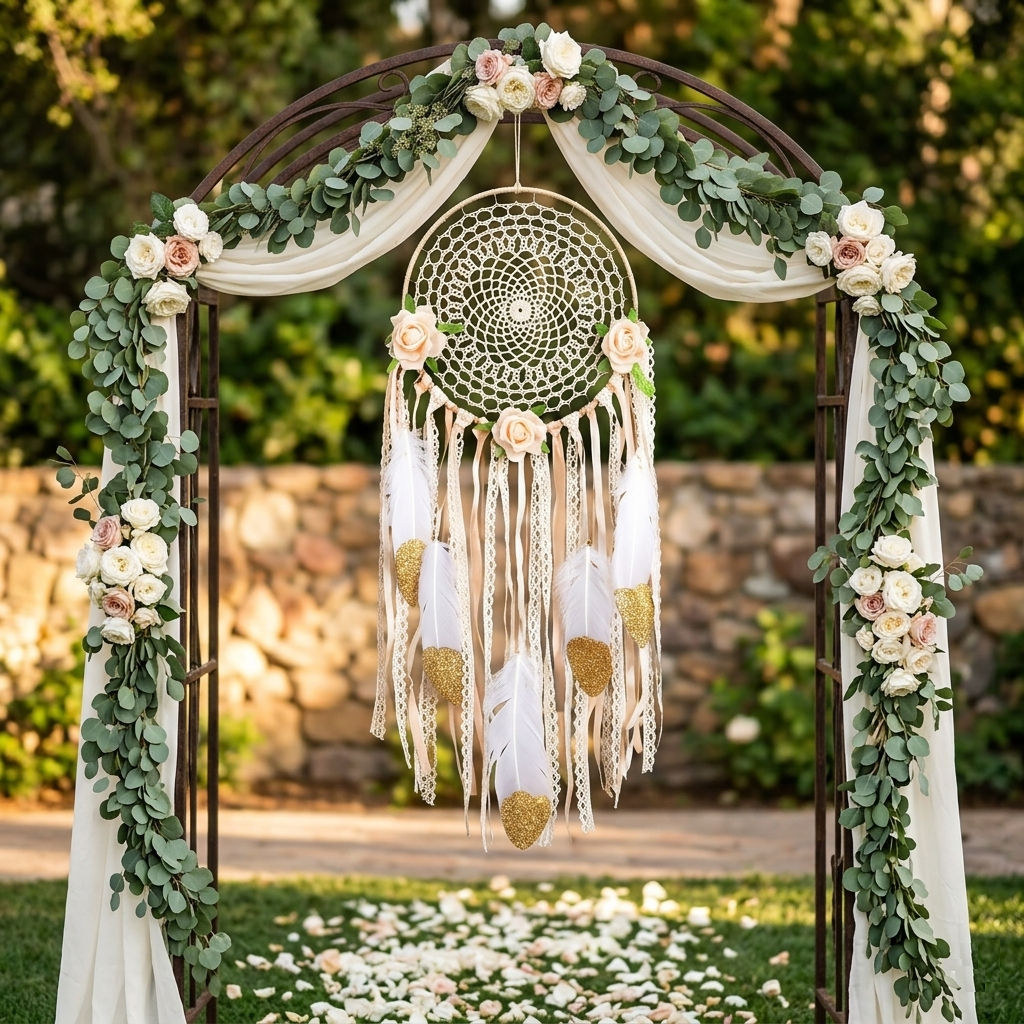 Bohemian flower dreamcatcher on rustic wedding ceremony arch with eucalyptus and white roses outdoor boho wedding
