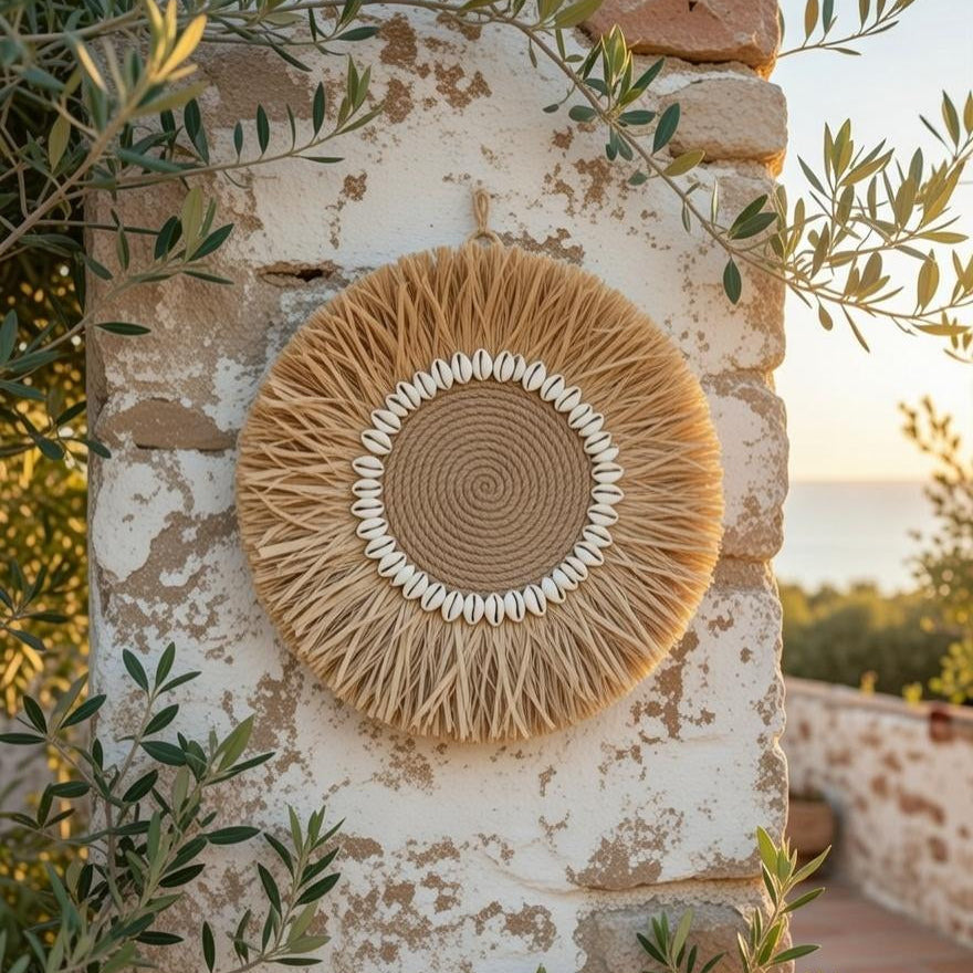 Handmade Raffia Hanging with Cowrie Shells | Boho round Straw Art | Beach House Gift