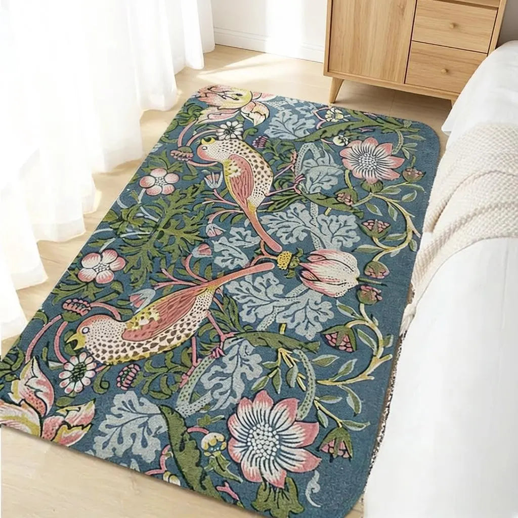 Dark green William Morris Strawberry Thief area rug with pink florals and birds, in a bedroom near a window