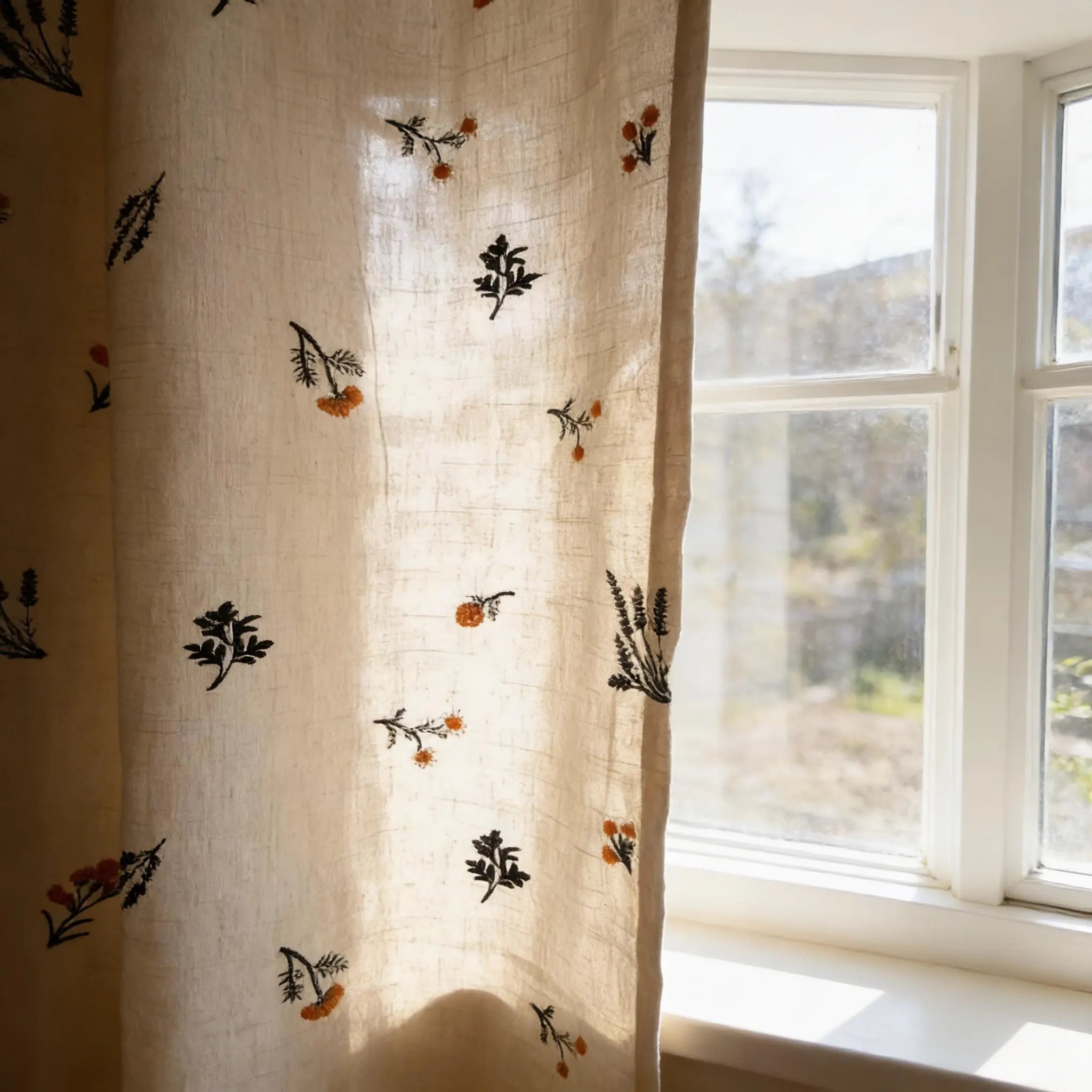 Boho Embroidered Linen Curtain Daisy Floral Farmhouse Rod Pocket Window Drape
