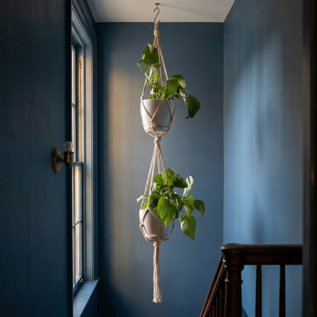 Double cradle macrame plant hanger with two tier design near window in dark blue hallway